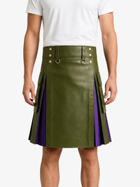 Olive Green Leather Kilt With Purple Pleats