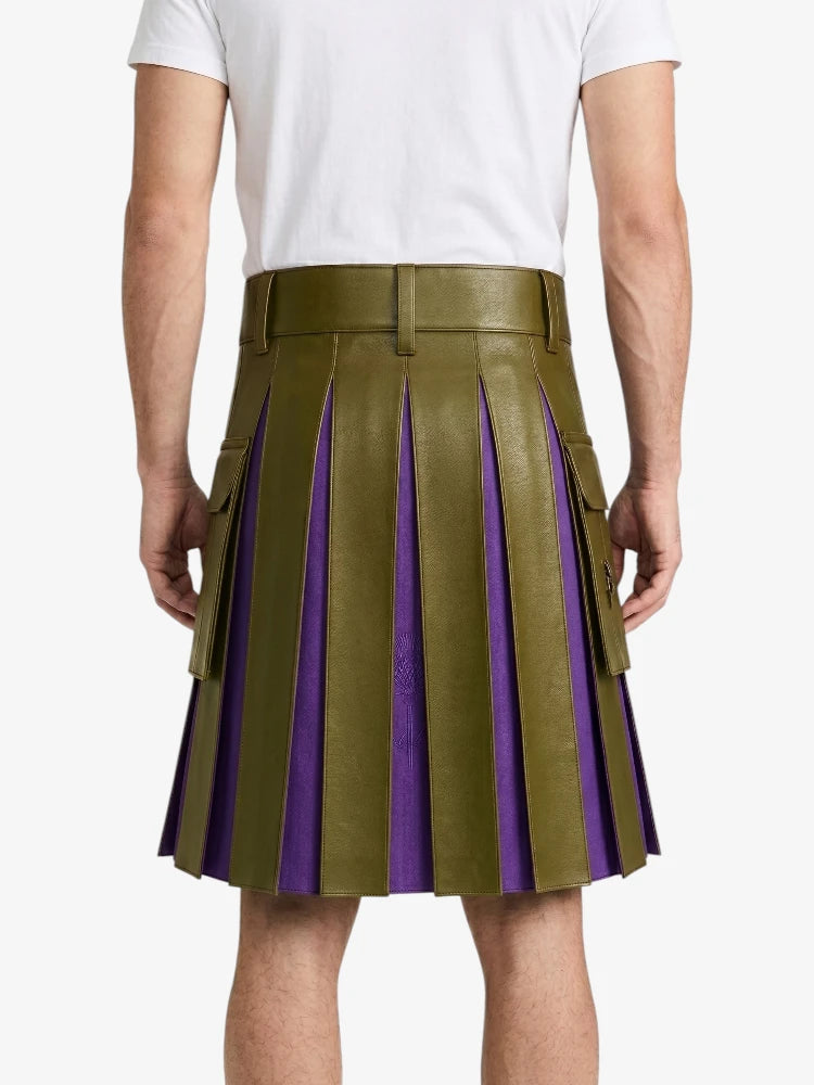 Olive Green Leather Kilt With Purple Pleats Back