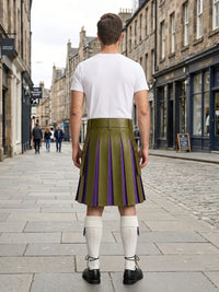 Olive Green Leather Kilt With Purple Pleats Back Side