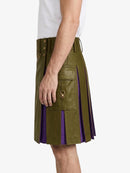 Olive Green Leather Kilt With Purple Pleats Left