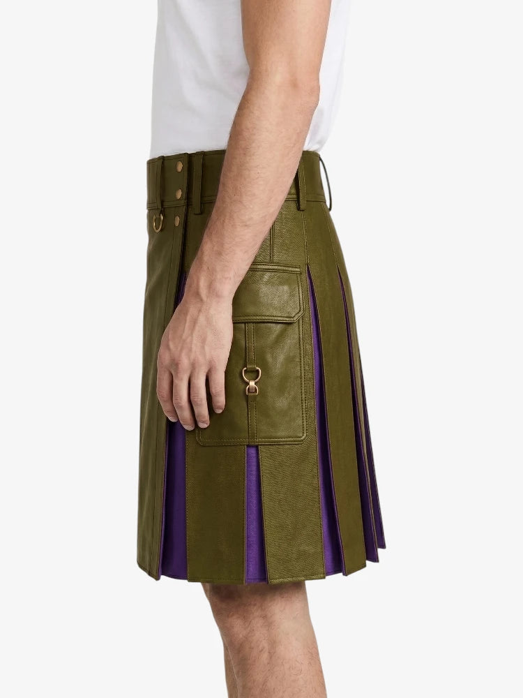 Olive Green Leather Kilt With Purple Pleats Left