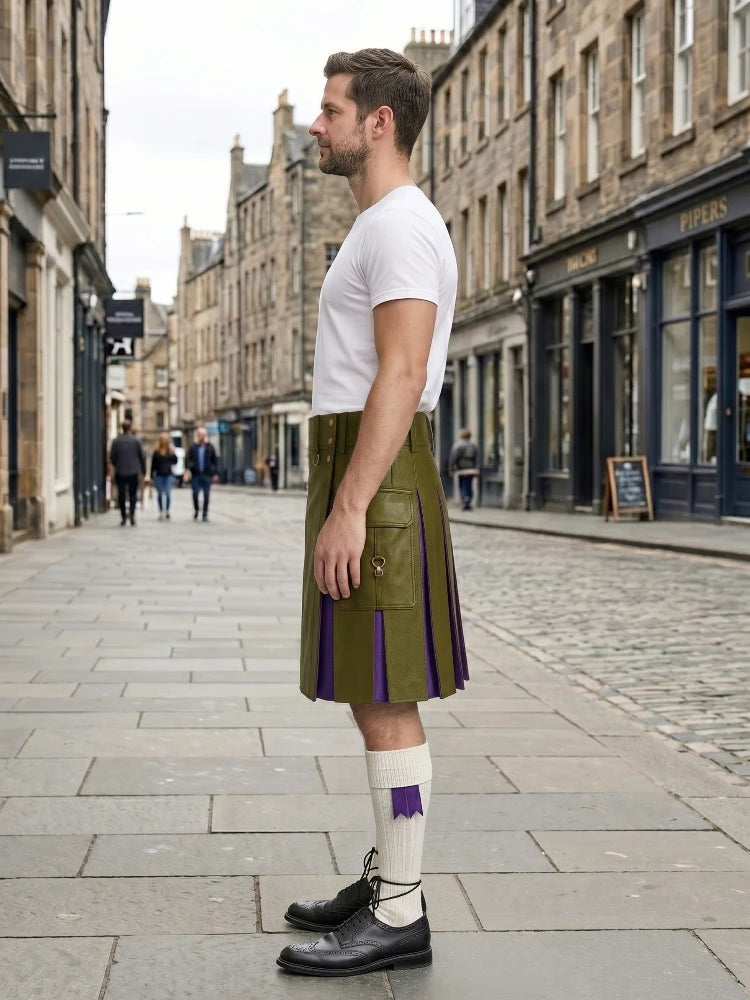 Olive Green Leather Kilt With Purple Pleats Left Side