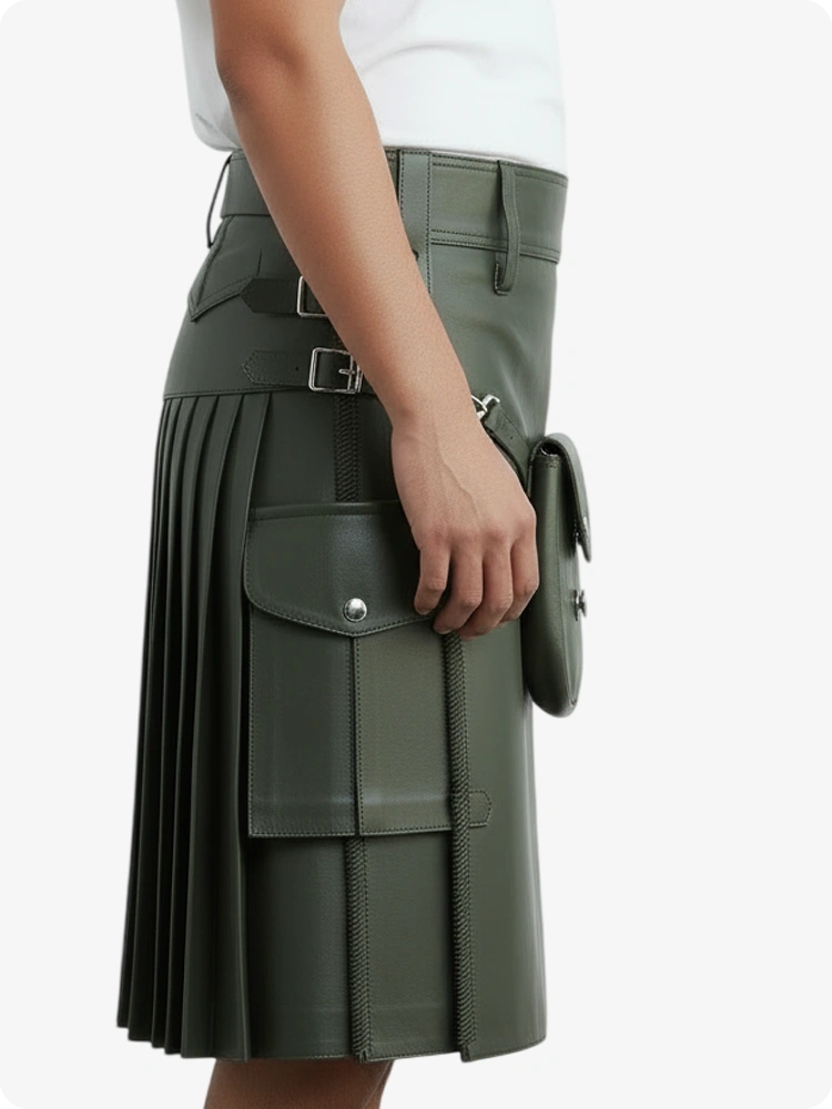 Olive Green Leather Pleated Kilt with Belt Loops & Side Straps