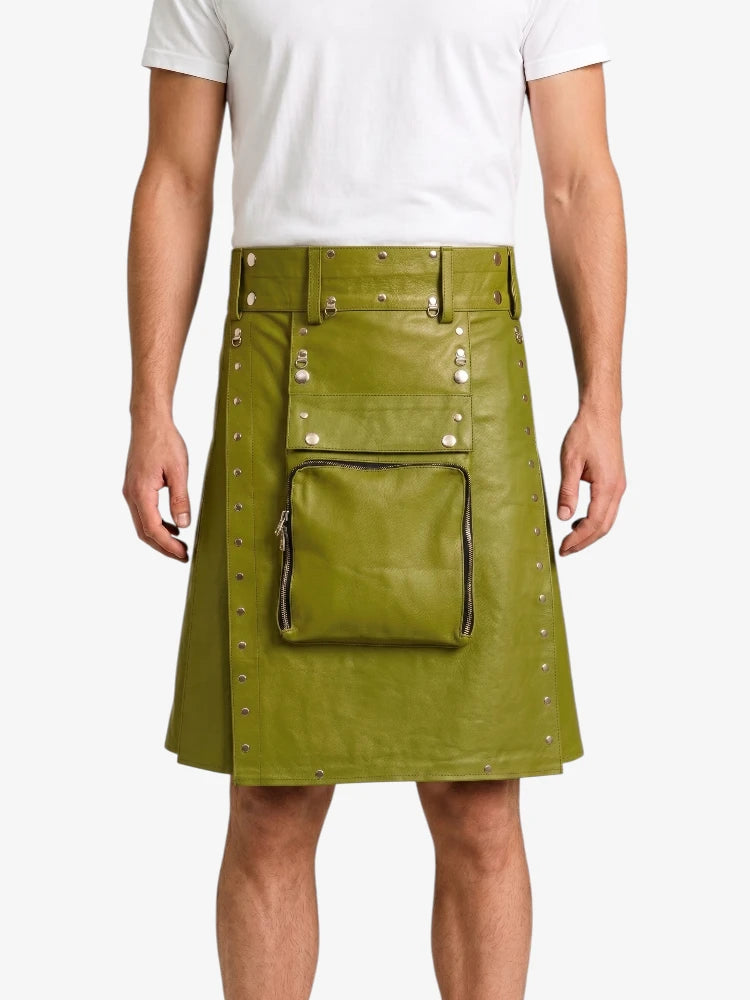 Olive Green Leather Utility Kilt