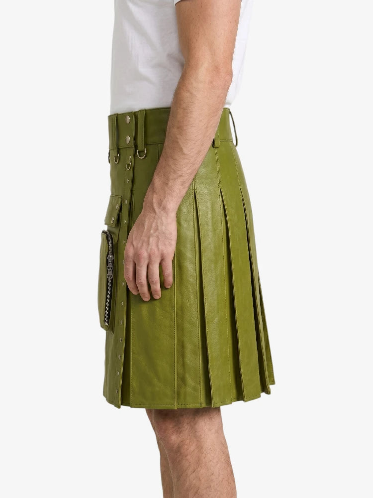 Olive Green Leather Utility Kilt Left