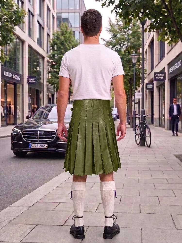 Olive Green Leather Utility Kilt with Sporran