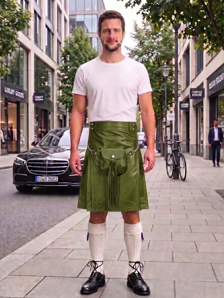 Olive Green Leather Utility Kilt with Sporran