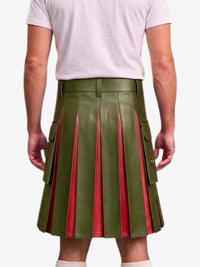 A model from the back wearing a pleated olive green faux leather kilt with red inner lining and side cargo pockets, paired with a light pink t-shirt.