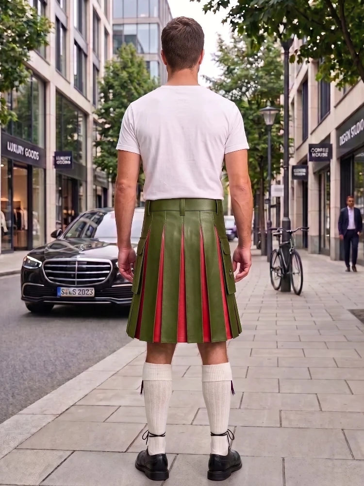 Olive Green With Red Cowhide Leather Hybrid Utility Kilt