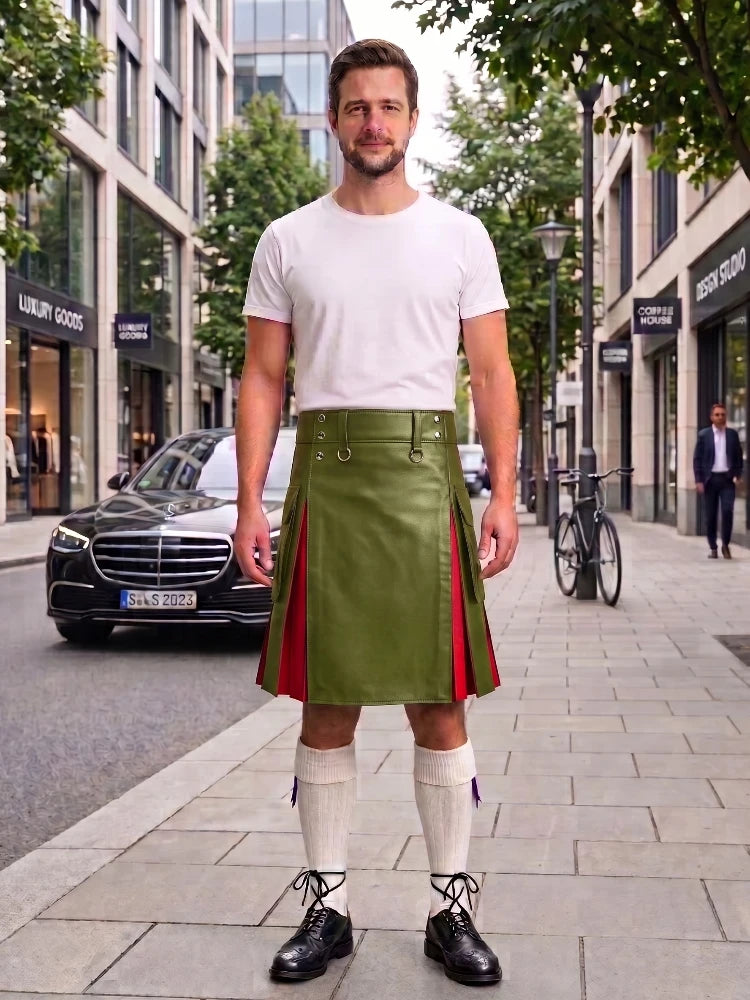 Olive Green With Red Cowhide Leather Hybrid Utility Kilt