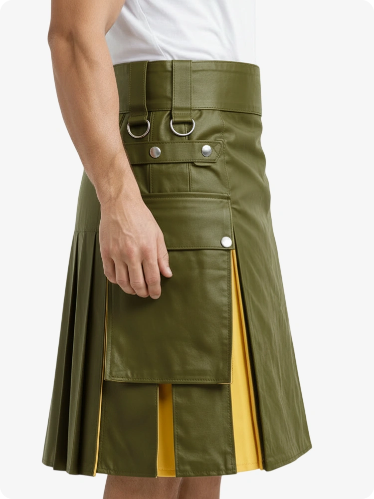 Olive Green & Yellow Leather Utility Kilt with Cargo Pockets