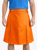 Person wearing an orange kilt with a blue shirt on a white background