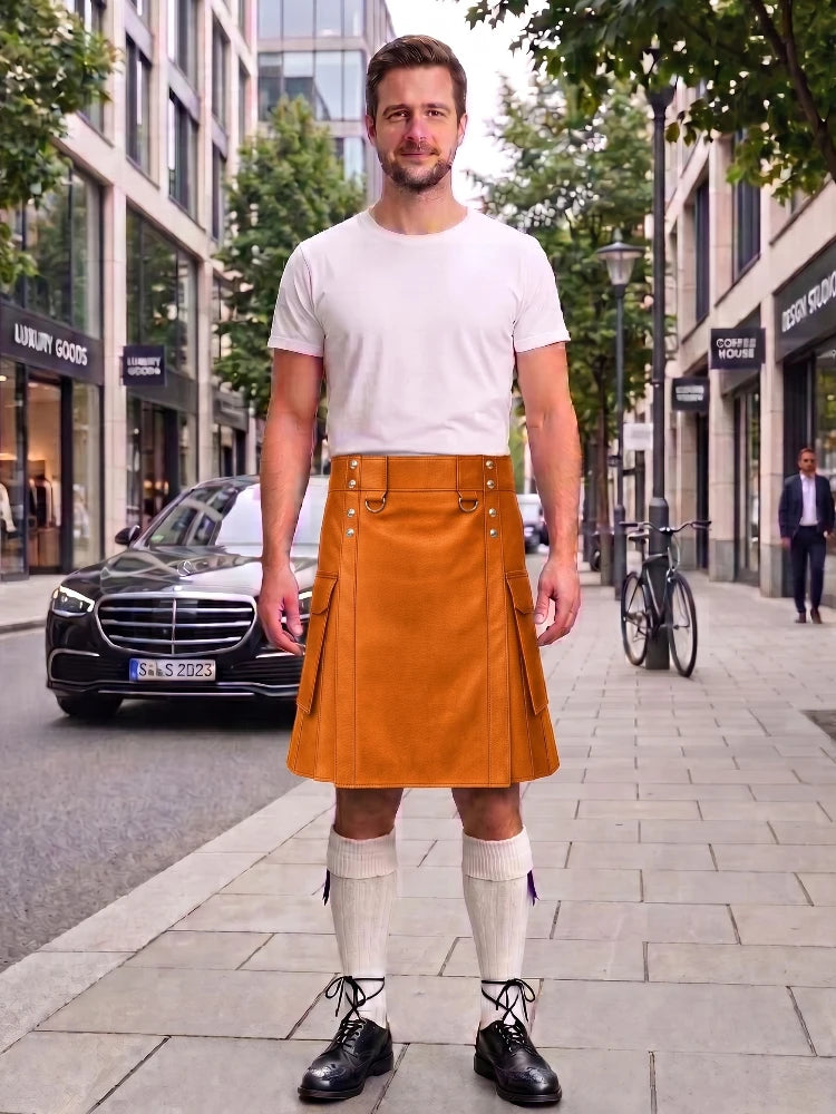 Orange Leather Kilt For Men Tactical Utility Kilts
