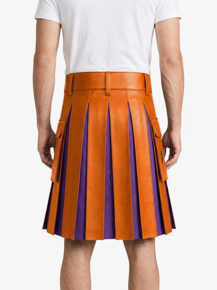 Orange Leather Kilt With Purple Pleats Back