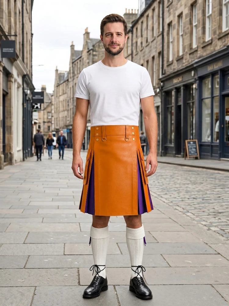 Orange Leather Kilt With Purple Pleats