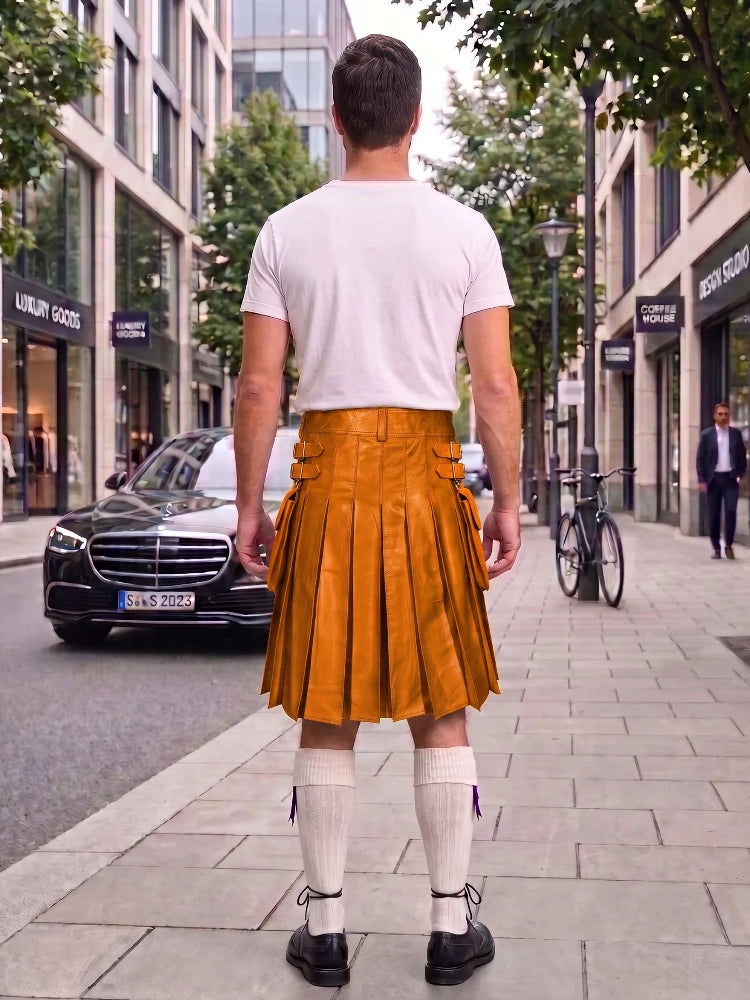 Orange Leather Utility Kilt with Sporran