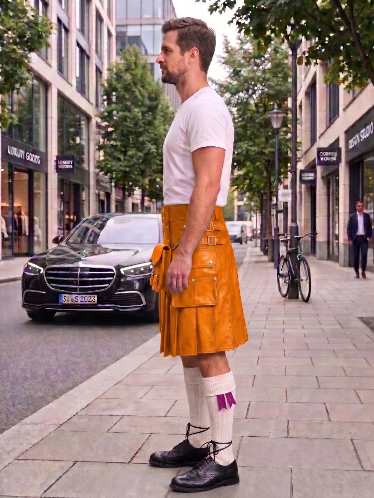 A man standing on a city sidewalk wearing a mustard yellow leather kilt, white t-shirt, white socks, and black shoes, with a street scene and parked cars in the background.