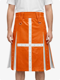 Orange skirt with white accents worn by a person on a white background