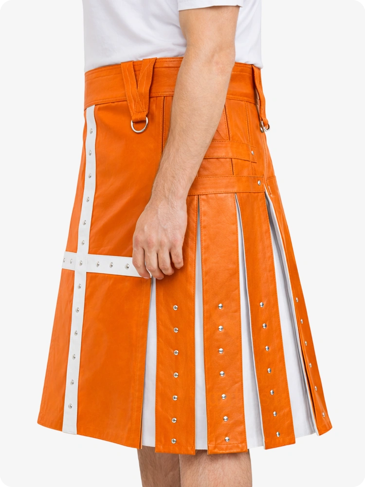 Orange kilt with white accents worn by a person on a white background
