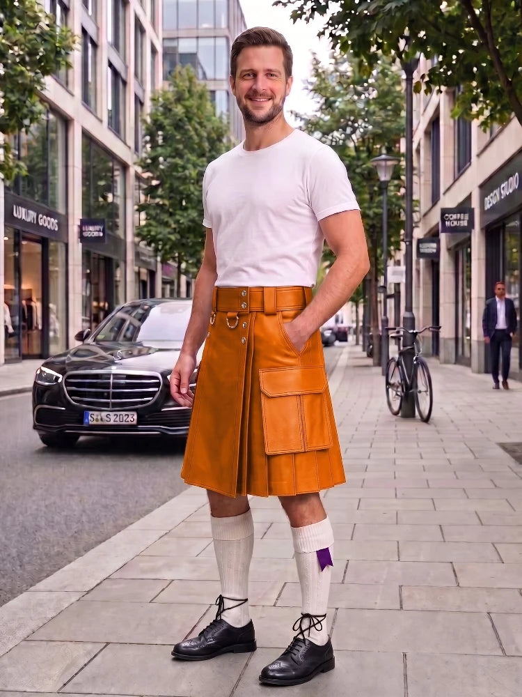 A man standing on a city sidewalk wearing a bright orange-brown leather kilt with a matching belt, a white t-shirt, white knee-high socks, and black leather shoes. A Mercedes-Benz car and urban buildings are visible in the background.