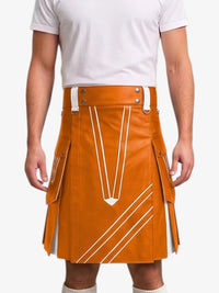 An orange faux-leather kilt with white geometric stripe details, worn by a model in a white t-shirt against a light gray background.