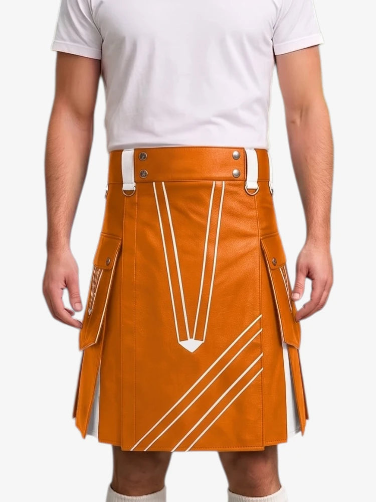 An orange faux-leather kilt with white geometric stripe details, worn by a model in a white t-shirt against a light gray background.
