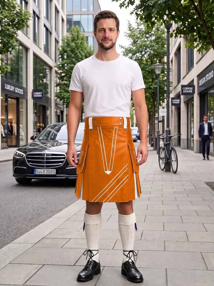 Orange and White Leather Hybrid Utility Kilt