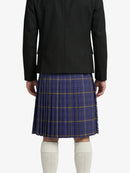 Person wearing a black coat and blue plaid skirt on a white background
