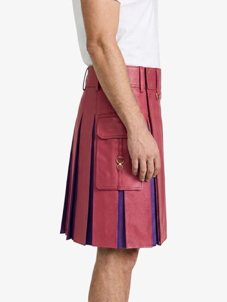 Pink Leather Kilt With Purple Pleats Right
