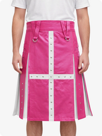 Person wearing a pink skirt with white accents on a white background