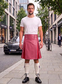 A man stands on a city sidewalk wearing a white t-shirt and a pink leather kilt with white knee-high socks and black shoes. Buildings, trees, a parked black car, and a bicycle are visible in the background.