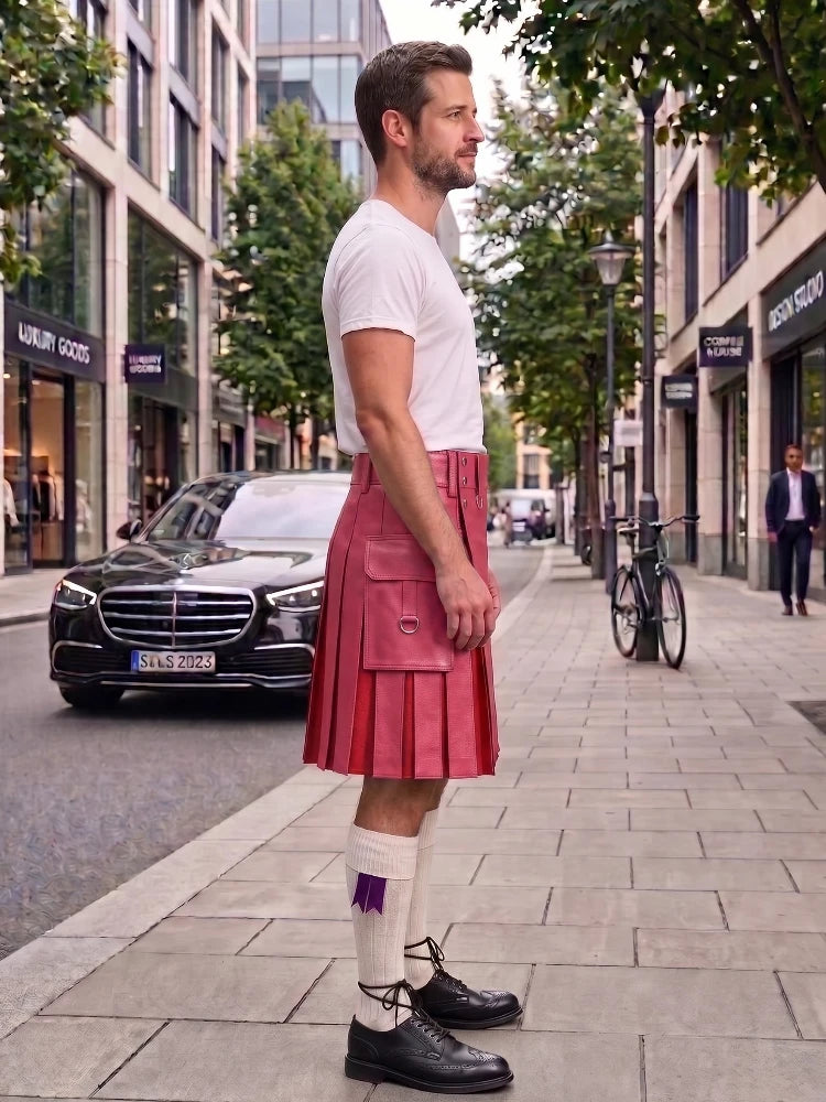 A man standing on a city sidewalk wearing a pink pleated kilt, white t-shirt, white socks, and black shoes, with storefronts, trees, and parked cars in the background.