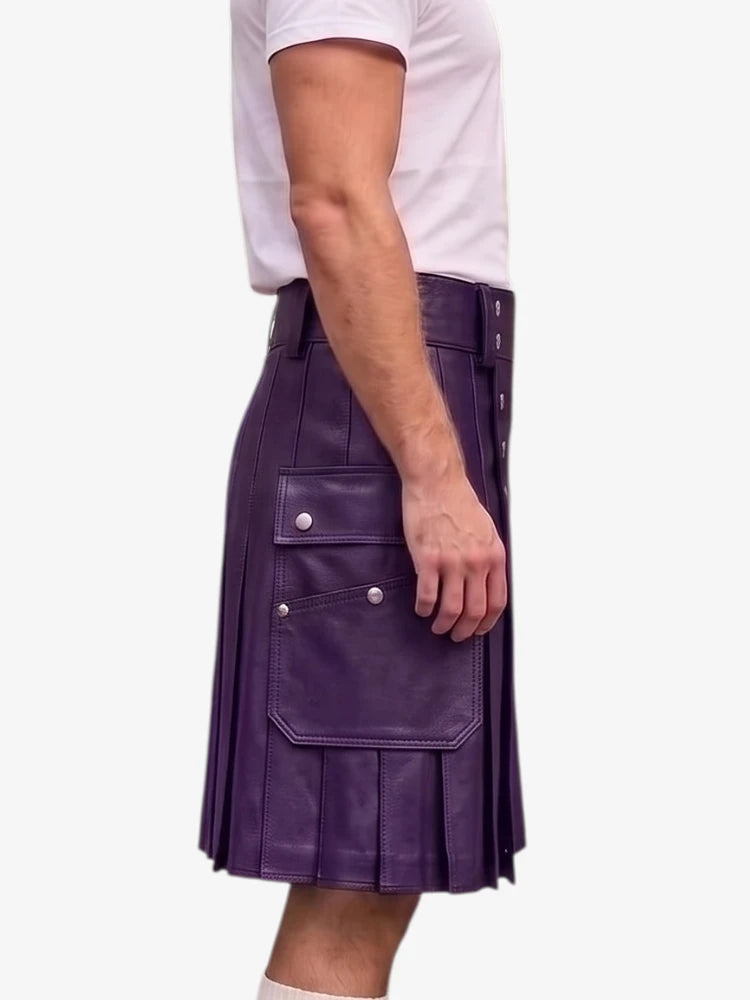 A person wearing a purple pleated leather kilt with side cargo pockets and silver snap buttons, paired with a white t-shirt, shown from the side against a light gray background.