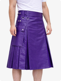 Purple leather skirt worn by a person on a white background