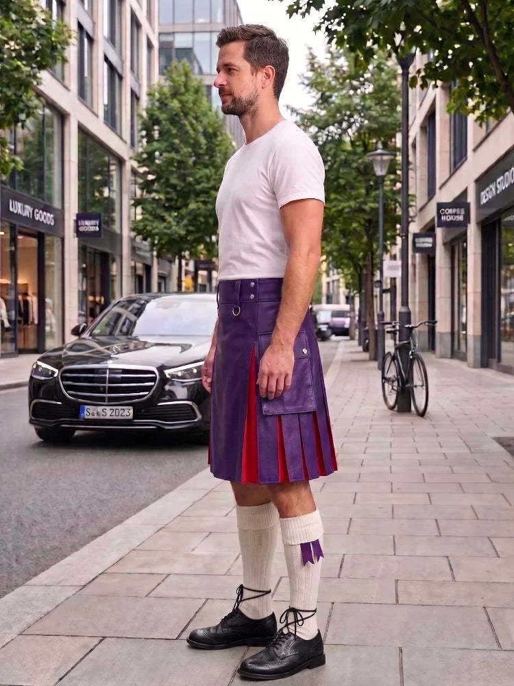 A man standing on a city sidewalk wearing a purple leather kilt with red pleated lining, a white t-shirt, white knee-high socks, and black leather shoes. A black Mercedes-Benz is parked on the street behind him.