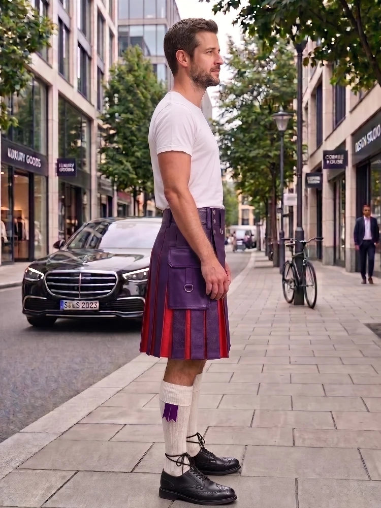 A man standing on a city sidewalk wearing a purple and red pleated kilt, a white t-shirt, white socks, and black leather shoes, with buildings, trees, and parked cars in the background.