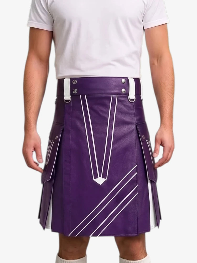 A person wearing a purple kilt with white geometric stripe details, paired with a white t-shirt and white socks, shown from the chest down against a light gray background.