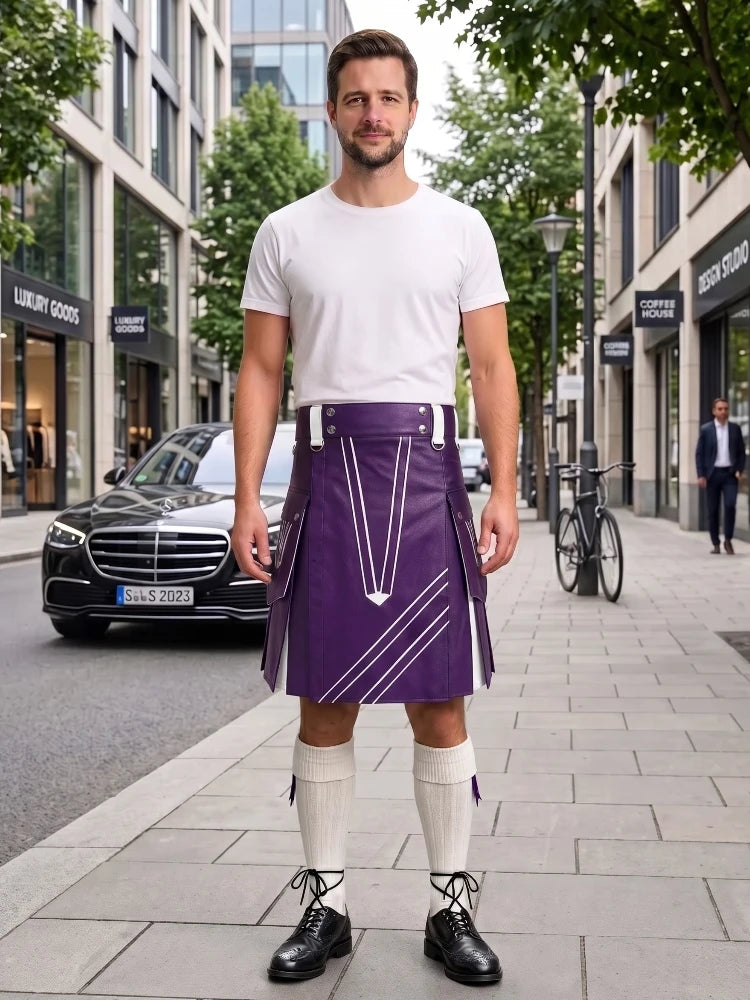 Purple and White Leather Hybrid Utility Kilt