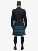 Person wearing a black prince charlie jacket and ramsay blue tartan plaid kilt on a white background
