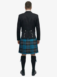 Person wearing a black prince charlie jacket and ramsay blue tartan plaid kilt on a white background
