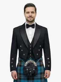 Man wearing a black prince charlie jacket with a ramsay blue tartan plaid kilt on a white background