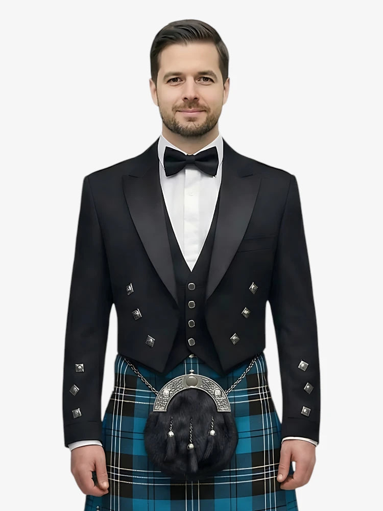 Man wearing a black prince charlie jacket with a ramsay blue tartan plaid kilt on a white background