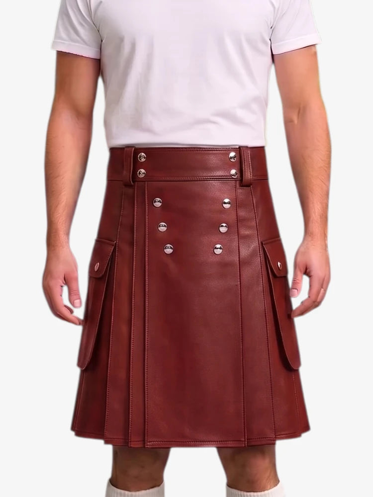 A person wearing a dark reddish-brown faux leather kilt with silver-tone metal buttons and flap pockets, paired with a white t-shirt against a plain white background.