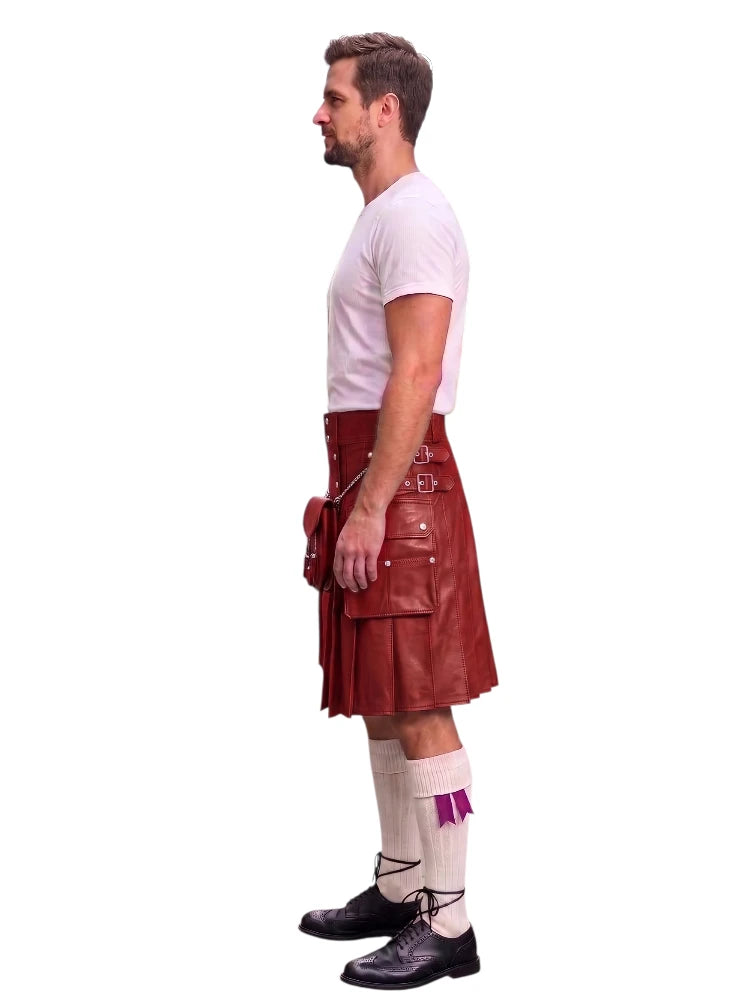 A man shown in profile wearing a dark red leather kilt with multiple utility pockets and straps, a white t-shirt, white socks with a purple accent, and black shoes, against a plain white background.