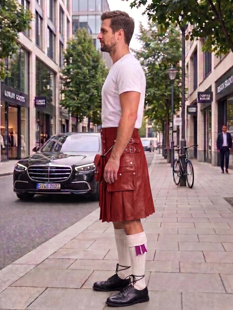 A man standing on a city sidewalk wearing a brown leather kilt, white t-shirt, white knee-high socks with a purple accent, and black leather shoes. A black Mercedes-Benz car is parked on the street behind him.