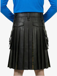 Black pleated kilt worn by a person with a blue top on a white background