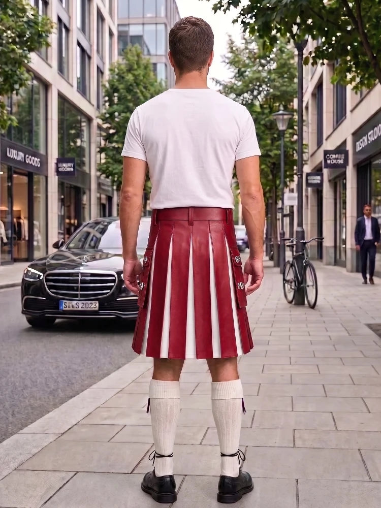 Red With White Cowhide Leather Hybrid Utility Kilt
