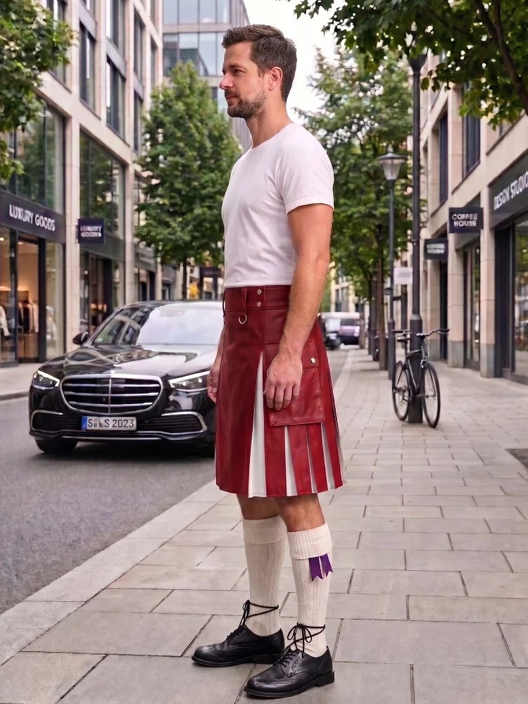 Red With White Cowhide Leather Hybrid Utility Kilt