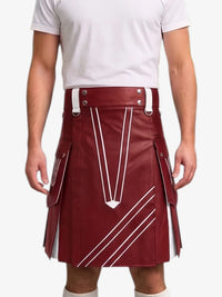 A maroon faux-leather kilt with white geometric stripe details, worn by a model in a white t-shirt against a light gray background.