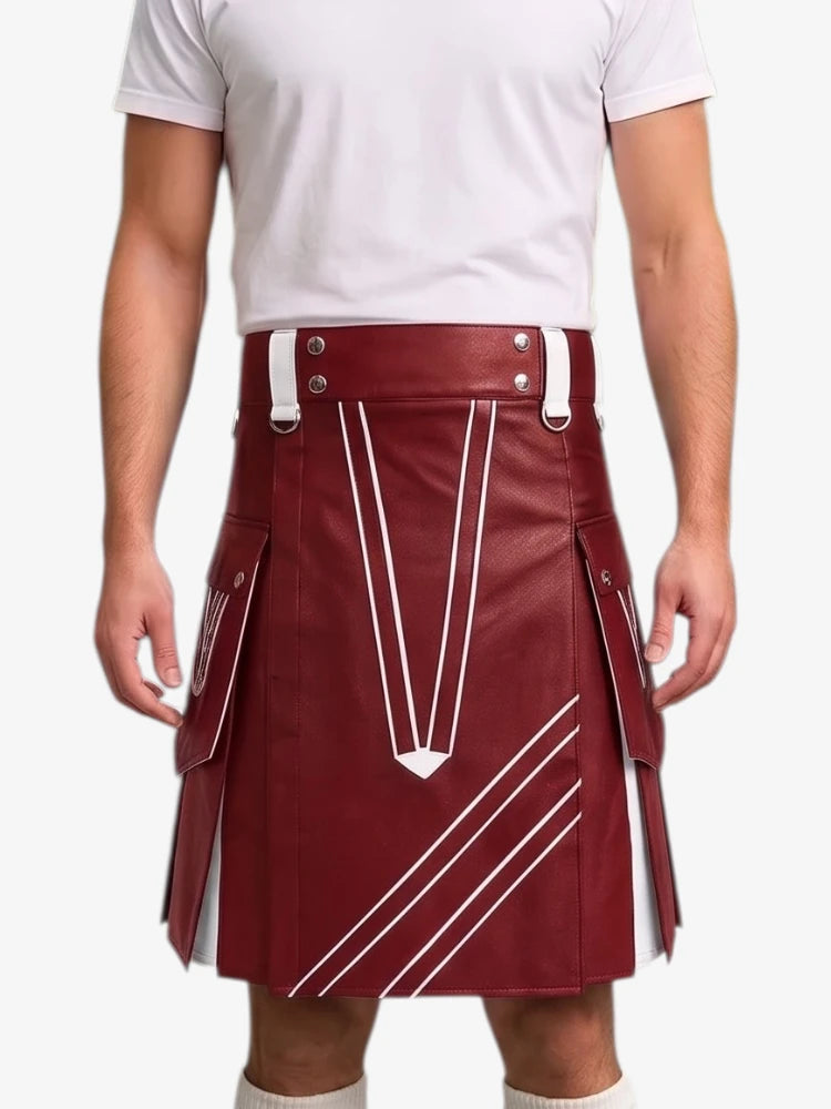 A maroon faux-leather kilt with white geometric stripe details, worn by a model in a white t-shirt against a light gray background.